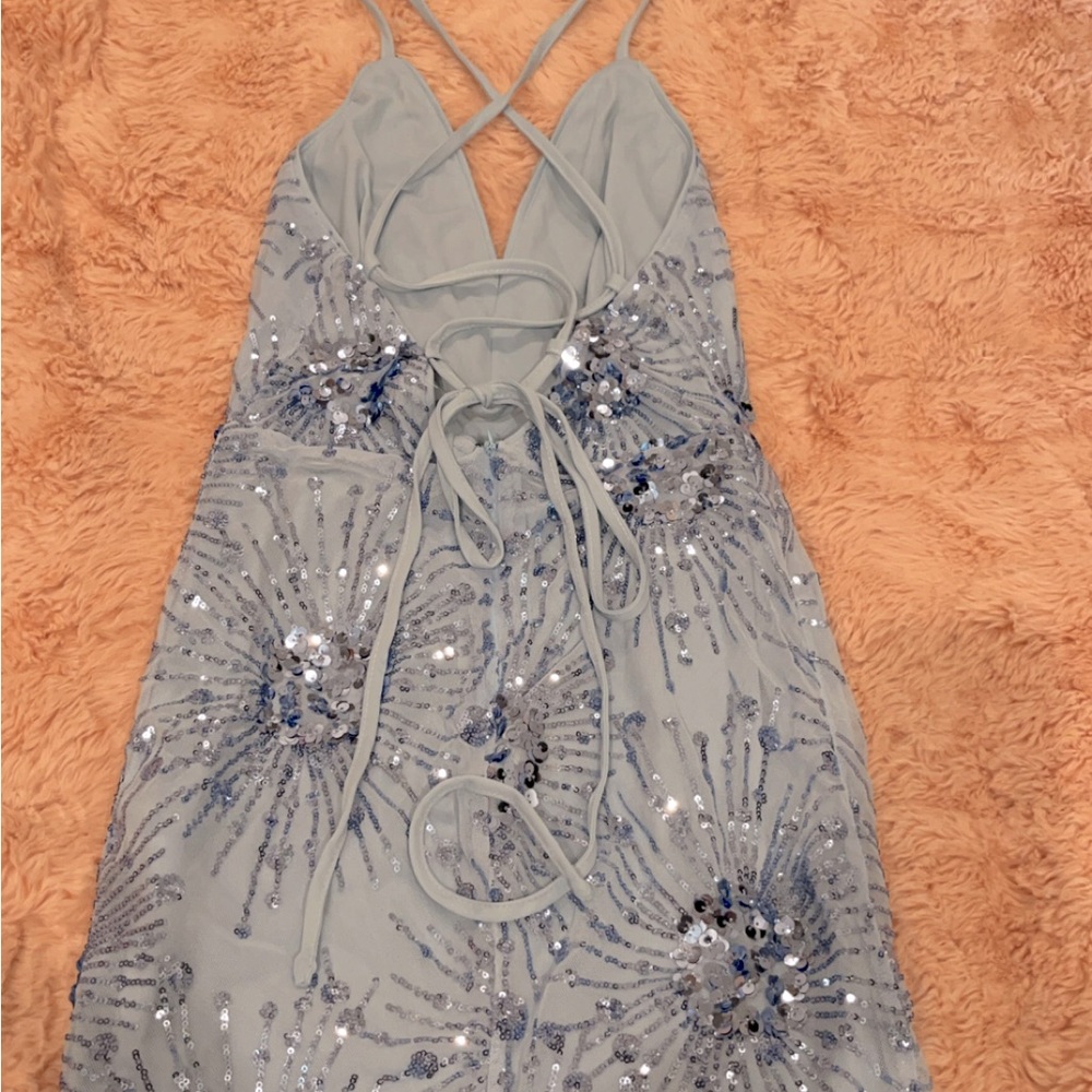 SHEIN Low Cut Baby Blue Sequin Mini Dress Size Small (4)